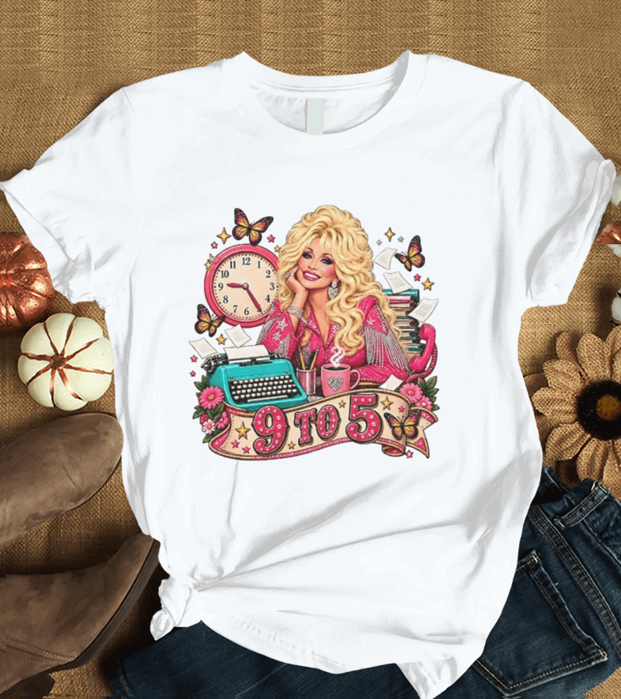 9 To 5 Dolly Parton Music Western Cowgirl Icon With Butterflies And Typewriter T-Shirt