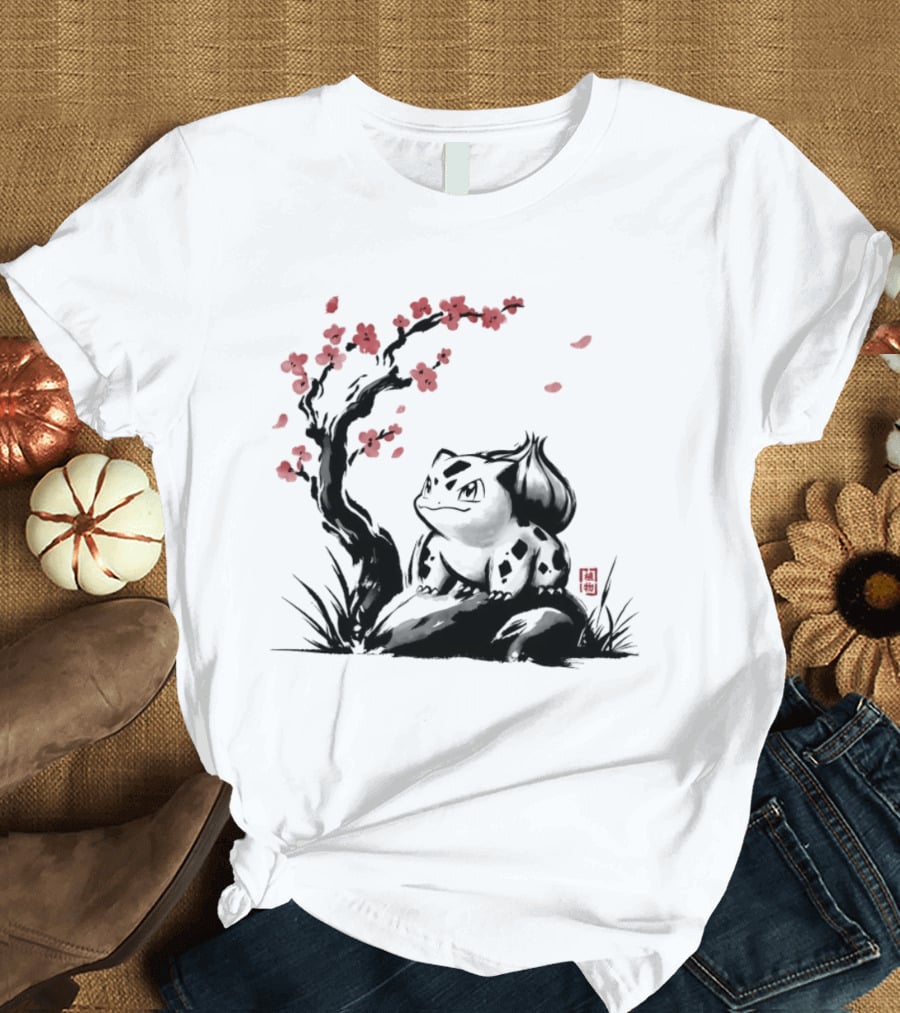 Bulbasaur Sumi E Ink Wash Painting With Cherry Blossom Pokemon T-Shirt