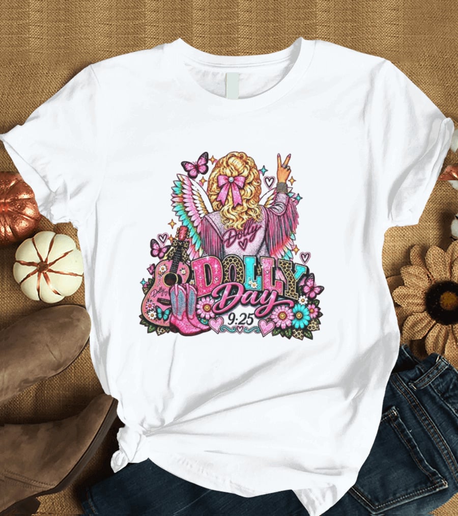 Dolly Day 9.25 Pink Cowgirl Boots Guitar Western Butterflies Hearts T-Shirt