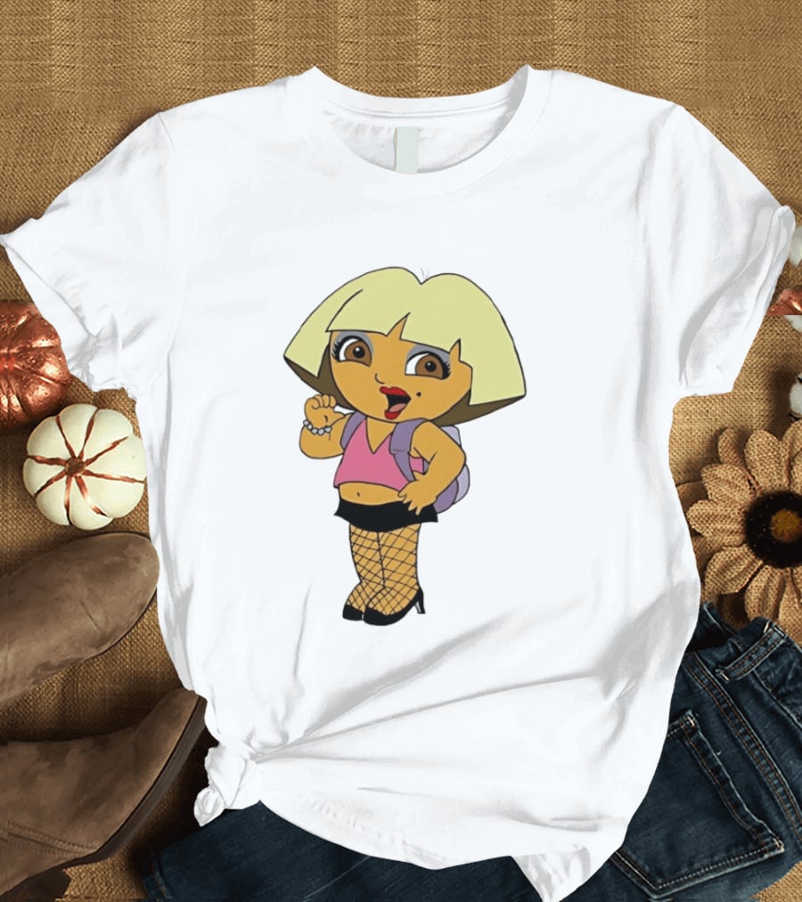 Explorer Parody Cartoon Mashup Pop Culture Icon With Backpack And Fishnets T-Shirt