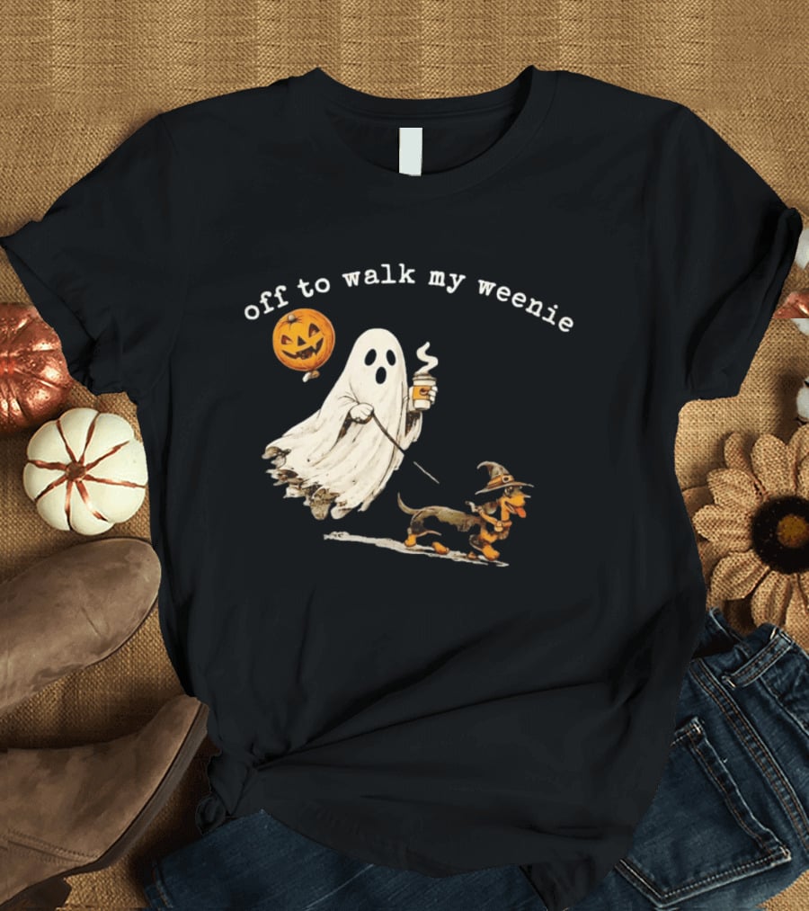 Ghost Walking With Pumpkin Balloon And Dachshund Halloween Fun T-Shirt