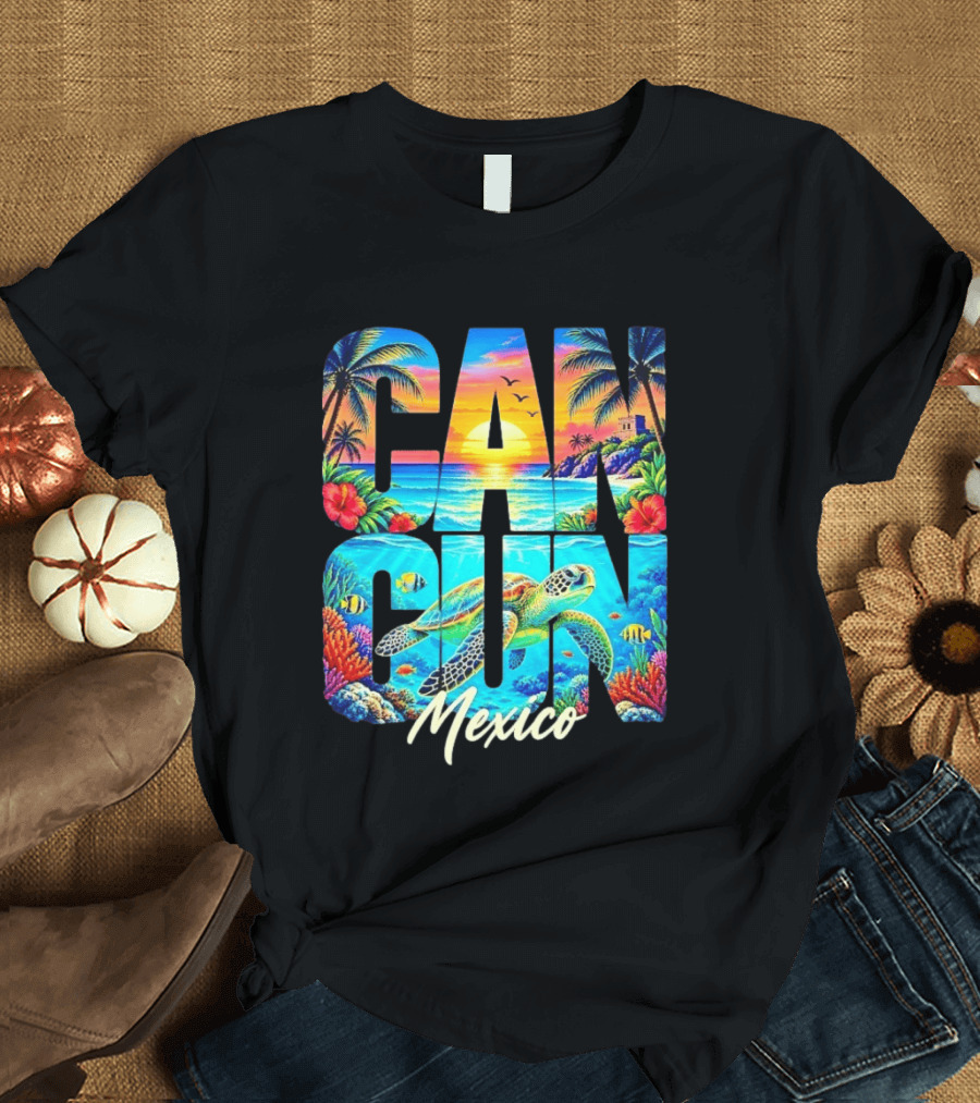 Cancun Mexico Tropical Sea Turtle Sunset Palm Trees Ocean Scene T-Shirt