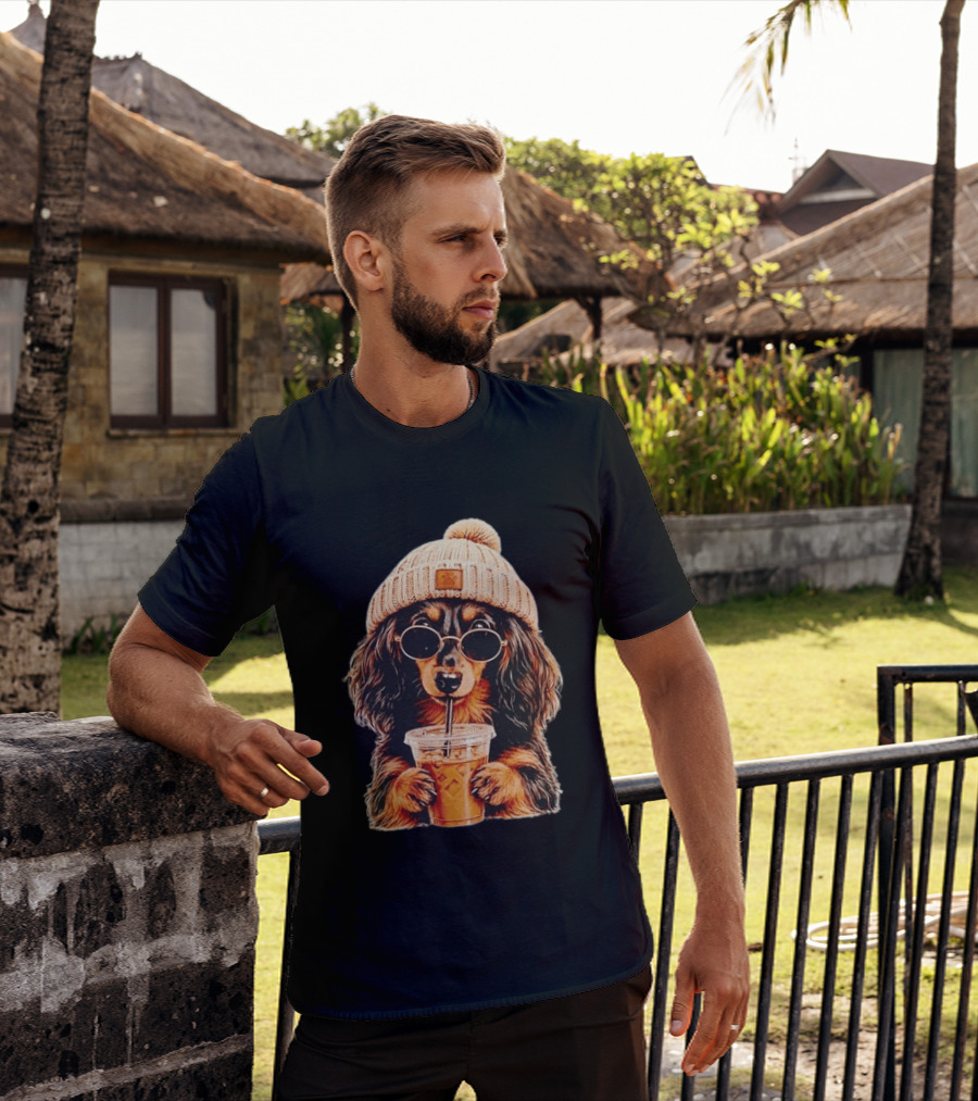 Dachshund Beanie Sunglasses Iced Coffee Trendy Dog Fashion T-Shirt