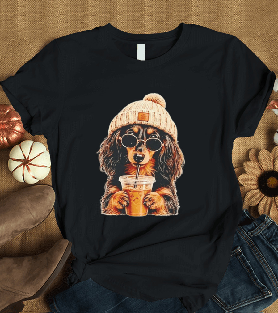 Dachshund Beanie Sunglasses Iced Coffee Trendy Dog Fashion T-Shirt