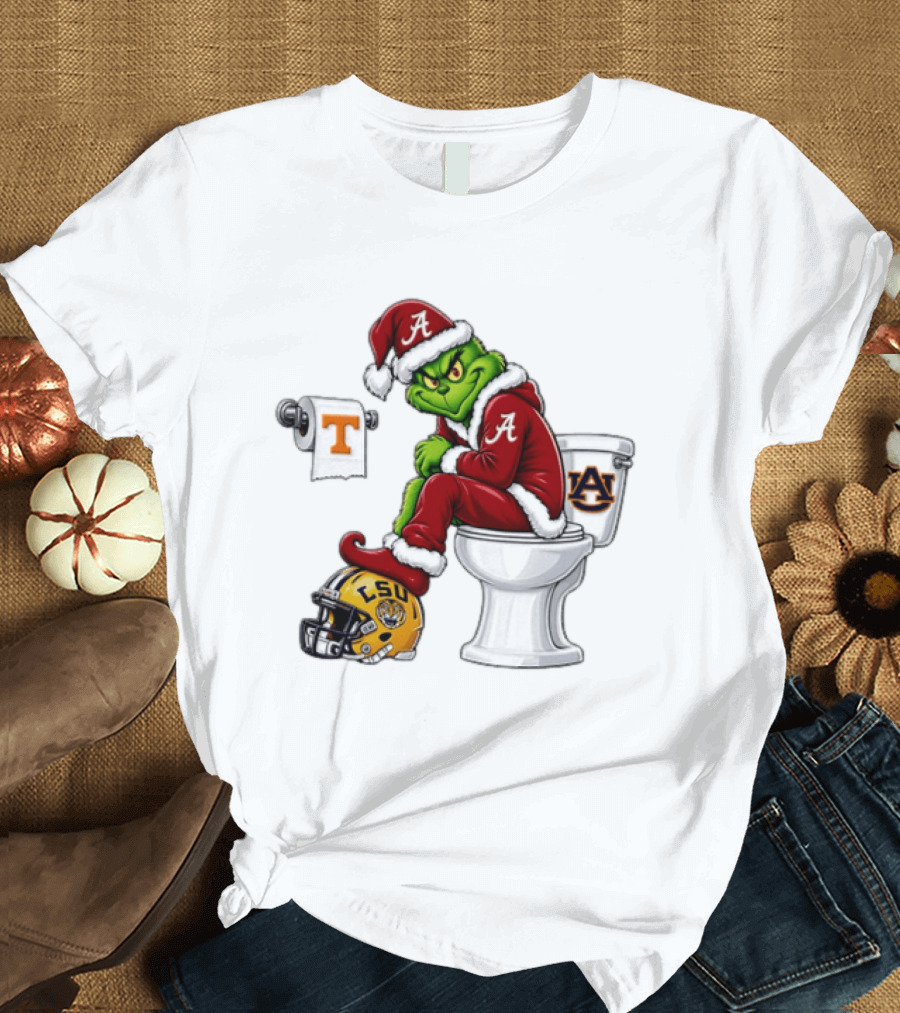Alabama Crimson Tide Santa Grinch Sitting Auburn Toilet LSU Helmet Christmas T-Shirt