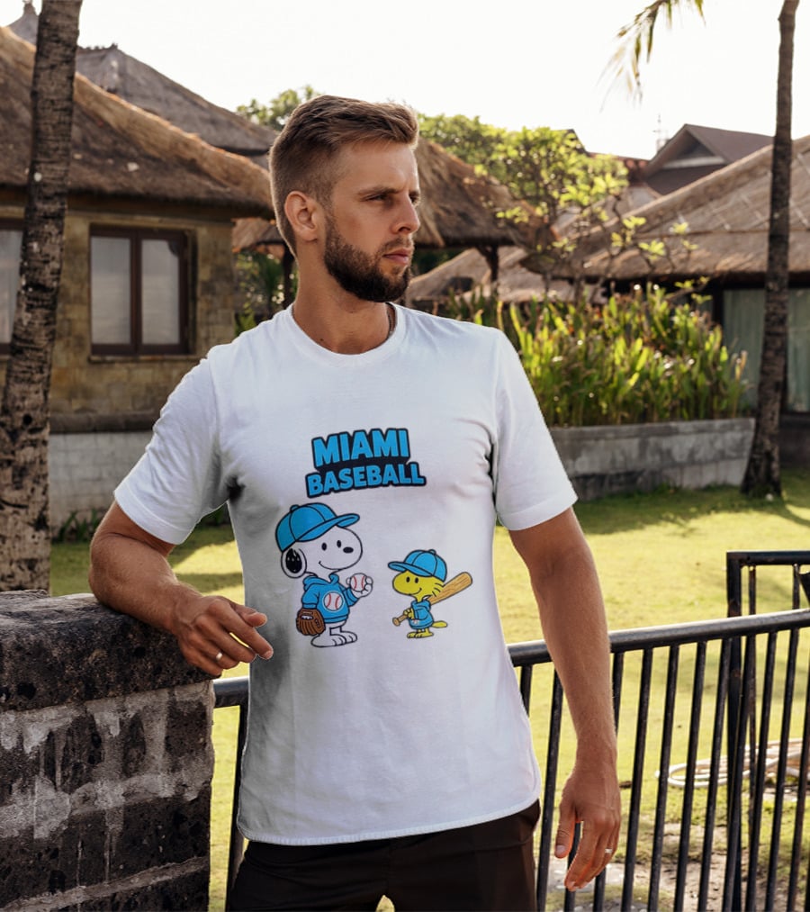 Snoopy Woodstock Miami Baseball Peanuts Cartoon MLB T-Shirt
