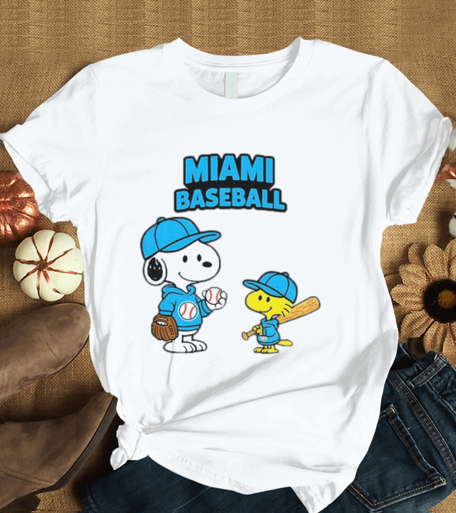 Snoopy Woodstock Miami Baseball Peanuts Cartoon MLB T-Shirt