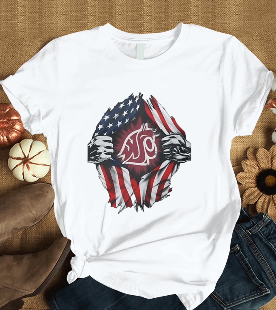 Washington State University Cougars American Flag Ripped Chest T-Shirt