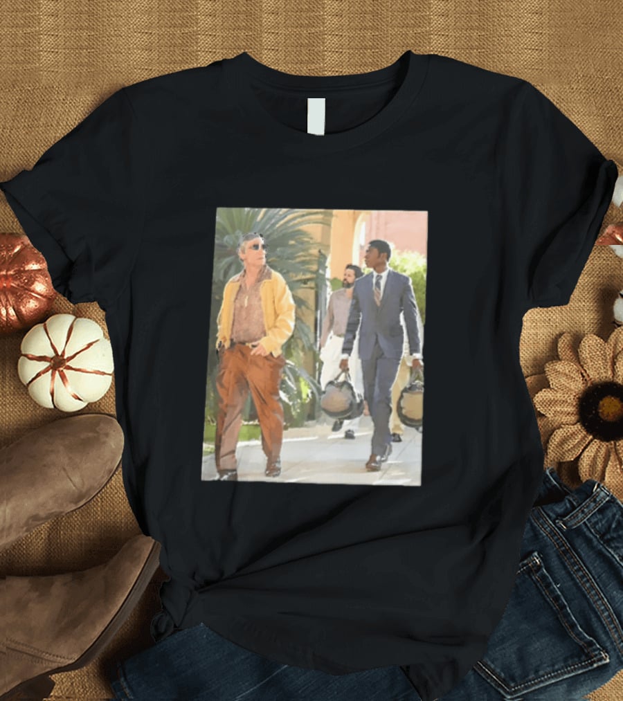 Men In Stylish Outfits Walking Outdoors With Bags T-Shirt