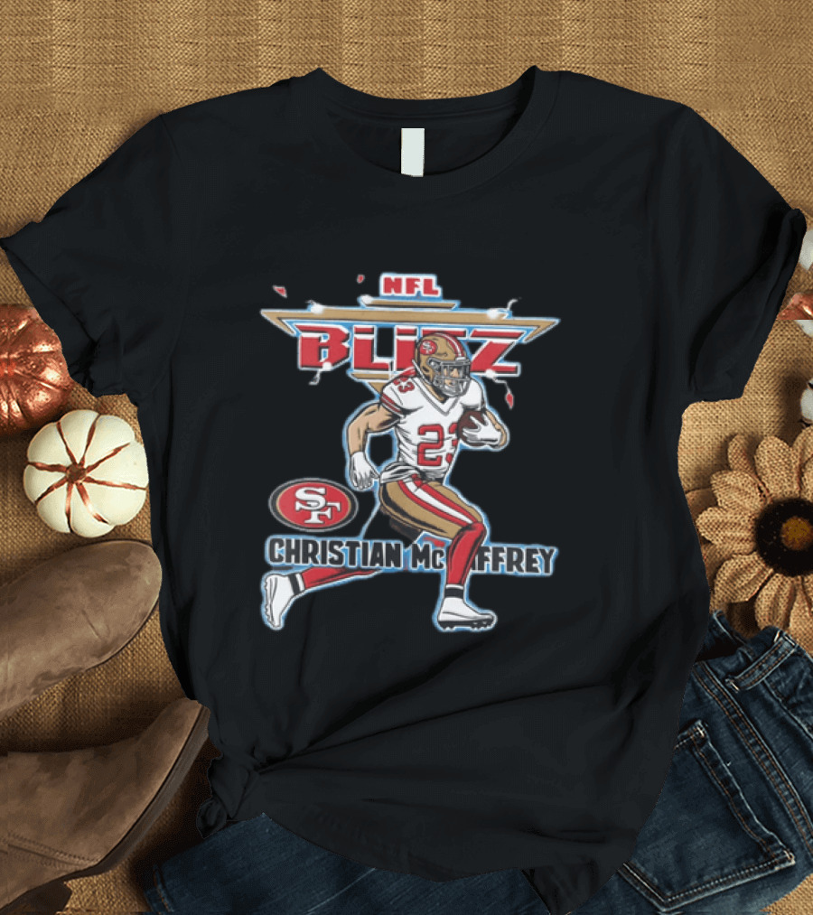 NFL Blitz 23 Christian McCaffrey San Francisco 49ers Football Player Running With Ball T-Shirt