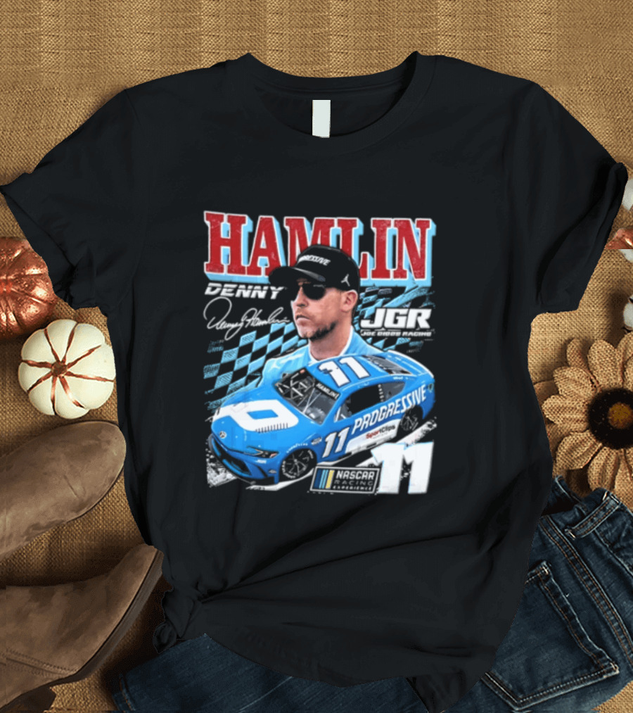 Denny Hamlin Joe Gibbs Racing NASCAR Progressive 11 Racer With Signature And Sunglasses T-Shirt