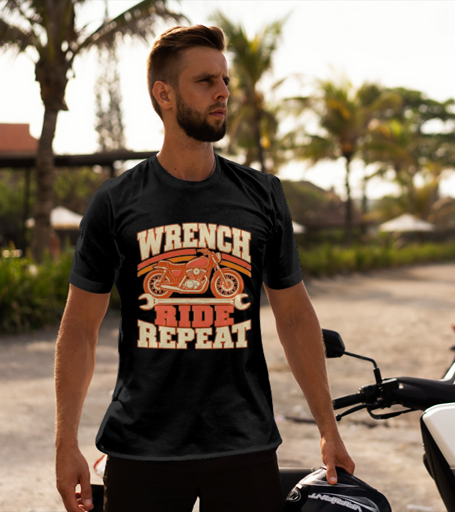 Wrench Ride Repeat Motorcycle Mechanic Distressed T-Shirt