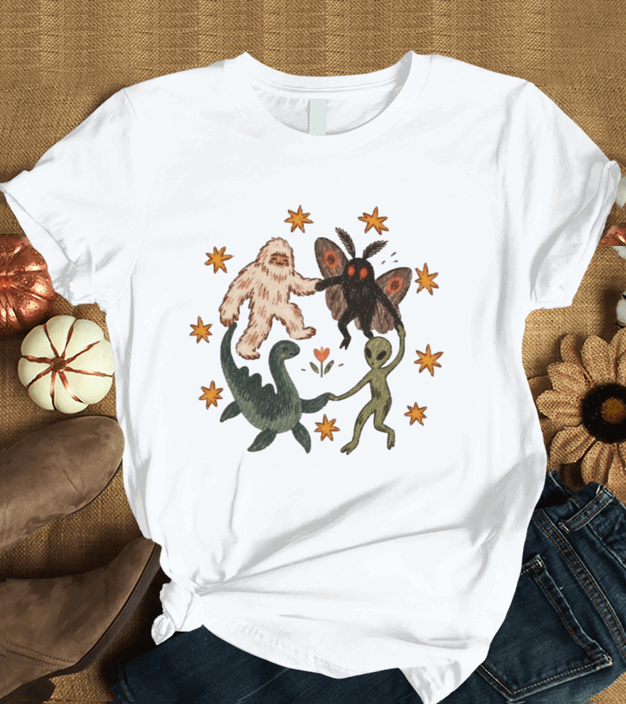 Bigfoot Mothman Loch Ness Monster Alien Dancing Cryptids With Stars T-Shirt