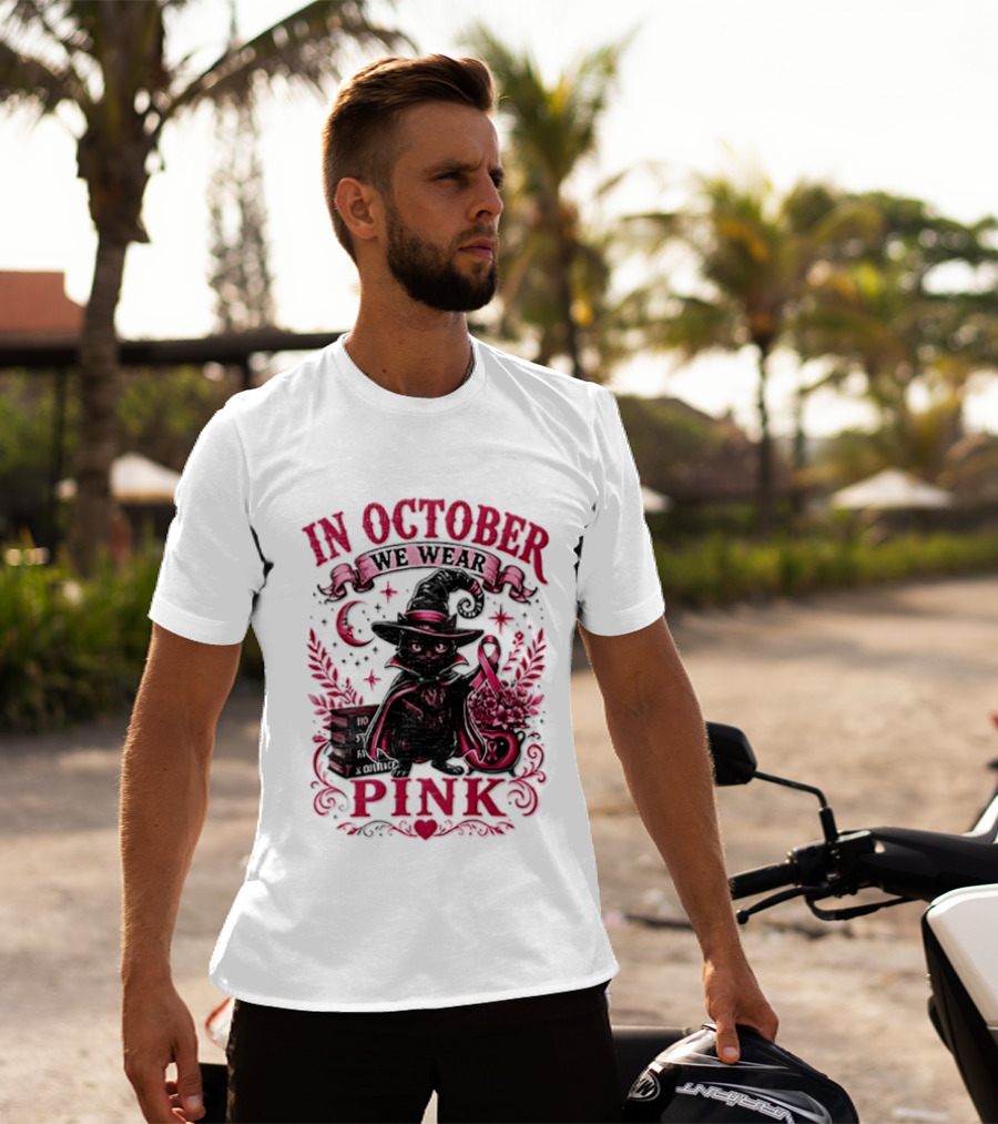 In October We Wear Pink Black Cat Witch Breast Cancer Awareness Month T-Shirt