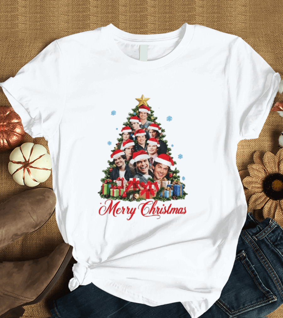 Merry Christmas All I Want For Christmas Is Damon Salvatore Santa Hat Christmas Tree T-Shirt