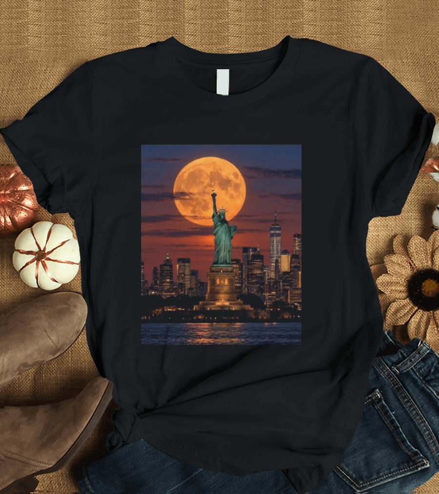 Harvest Moon Over Lady Liberty New York City Skyline September 26 T-Shirt