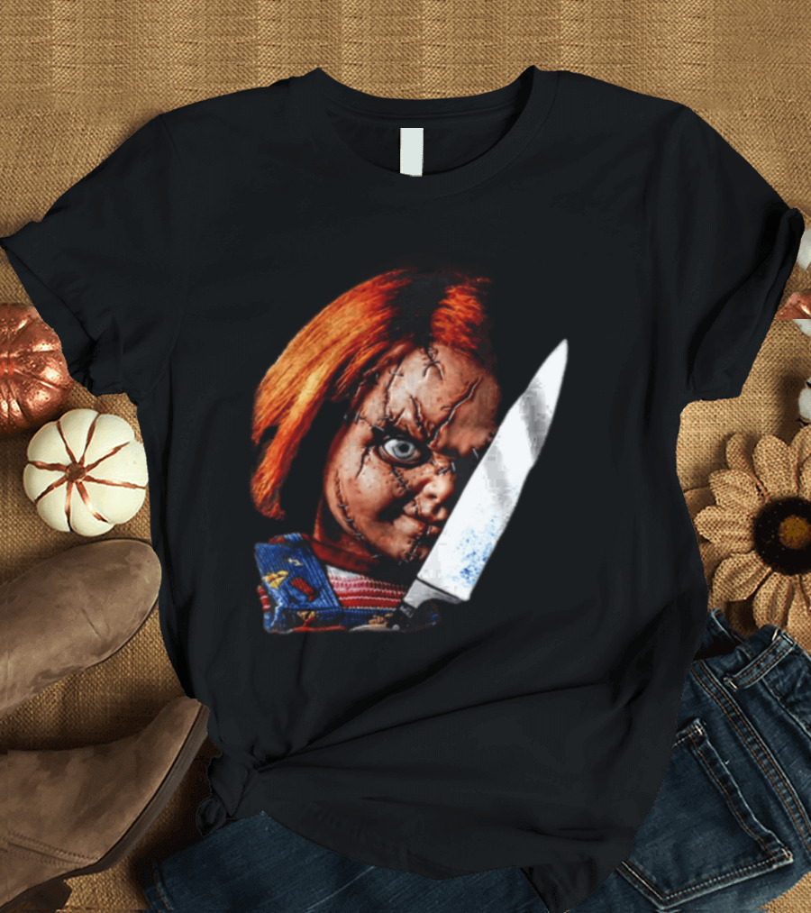 Chucky Child's Play Stitched Doll Knife Horror Movie Character 2 Sided T-Shirt