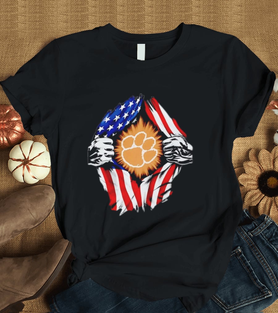 Clemson Tigers Paw Print Ripped American Flag T-Shirt