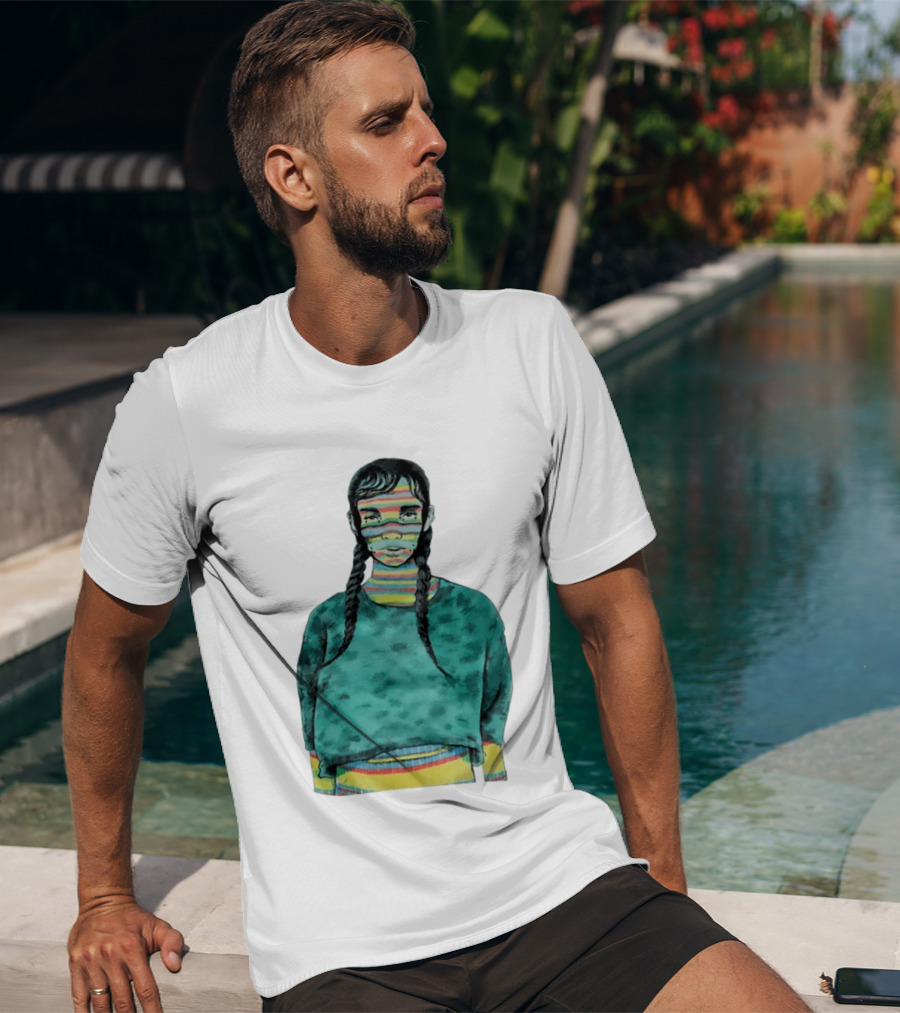 Girl With Braids Colorful Striped Face And Green Sweater T-Shirt
