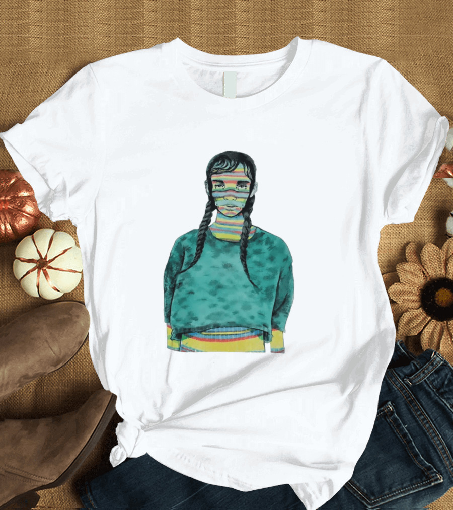 Girl With Braids Colorful Striped Face And Green Sweater T-Shirt