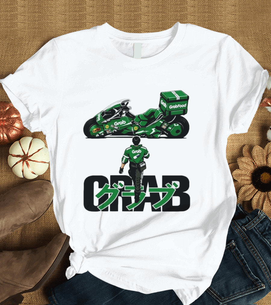 GrabFood Rider Akira Tribute Motorcycle Graphic Kanji T-Shirt