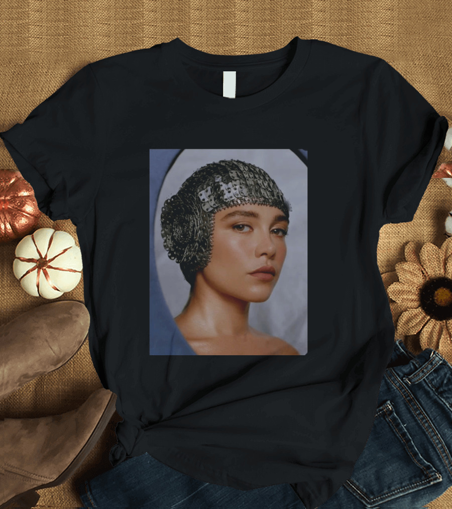 Florence Pugh Stuns On Vanity Fair With Elegant Chainmail Headpiece T-Shirt