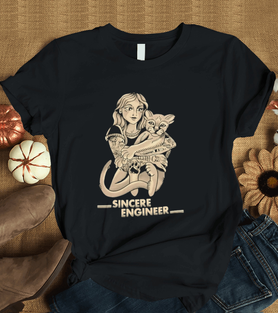 Tattooed Woman Hugging Cat Sincere Engineer T-Shirt