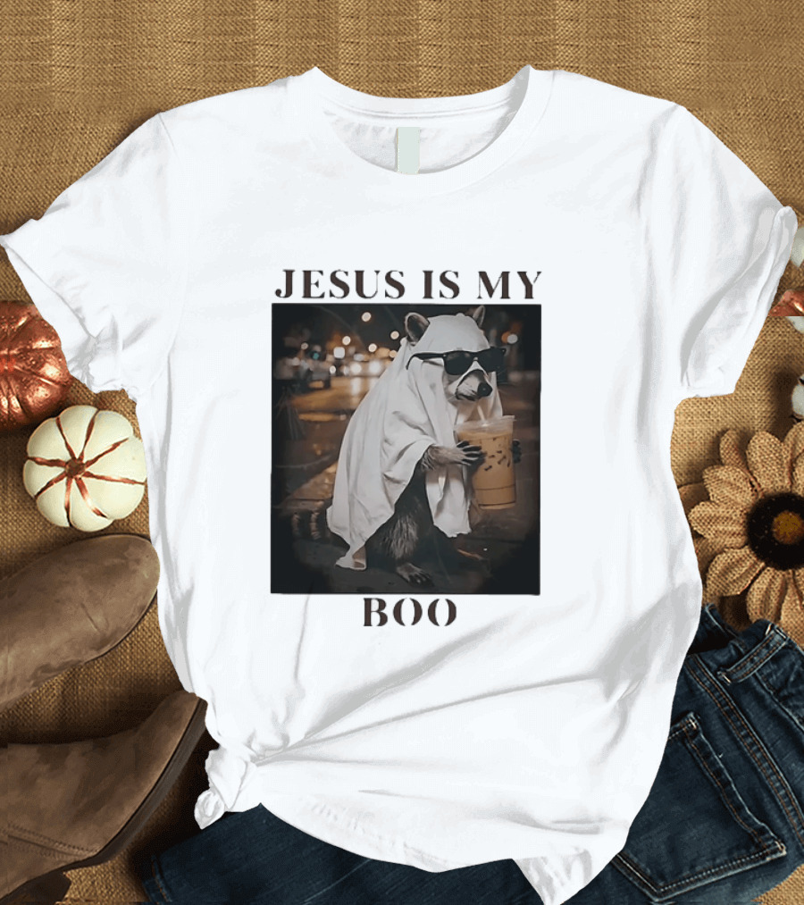 Jesus Is My Boo Raccoon With Iced Coffee And Sunglasses T-Shirt