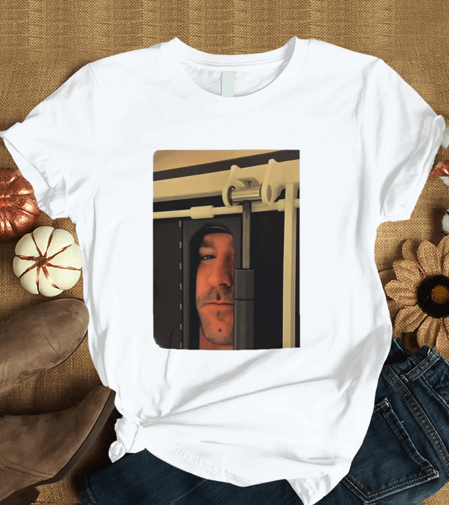 Man Peeking Through Door Face Hidden Observation Doorway T-Shirt