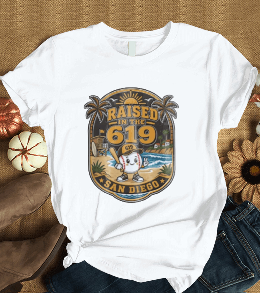 Raised In The 619 Baseball Character San Diego Beach Sunset Palm Trees T-Shirt