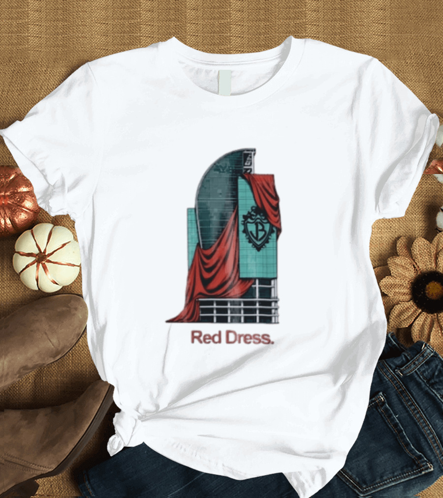 Red Dress Red Drapes Over Modern Skyscraper With Shield T-Shirt