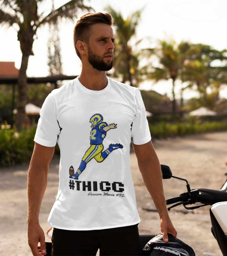 #THICC Harrison Mevis 92 Pixel Football Player In Blue And Yellow Uniform T-Shirt