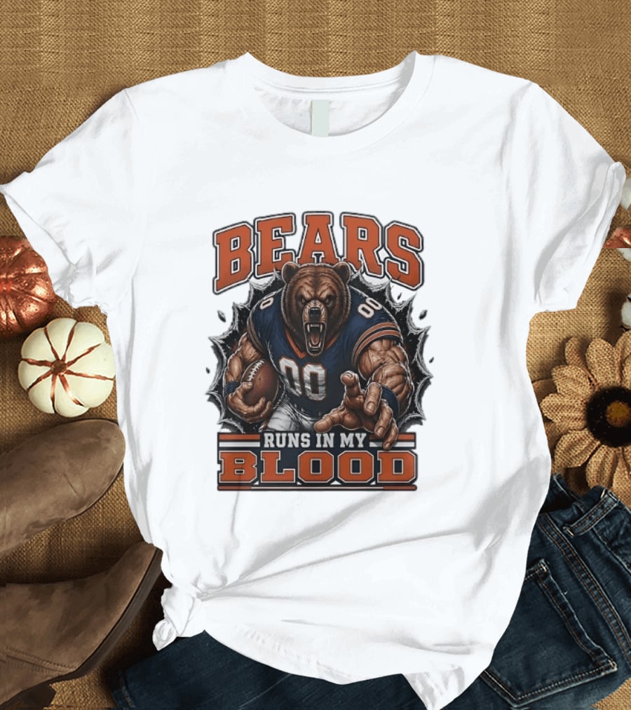 Bears Runs In My Blood Football Fierce Bear Holding Ball T-Shirt