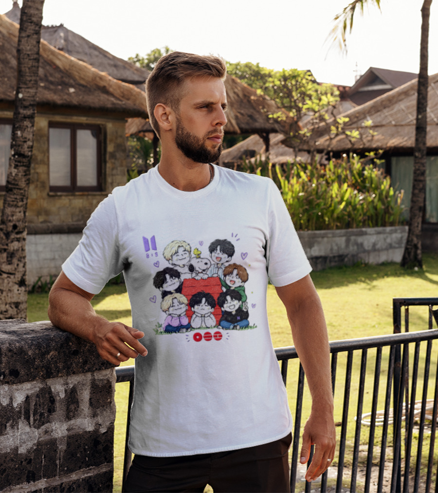 Snoopy Woodstock Peanuts BTS Members Cartoon Illustration Collaboration T-Shirt