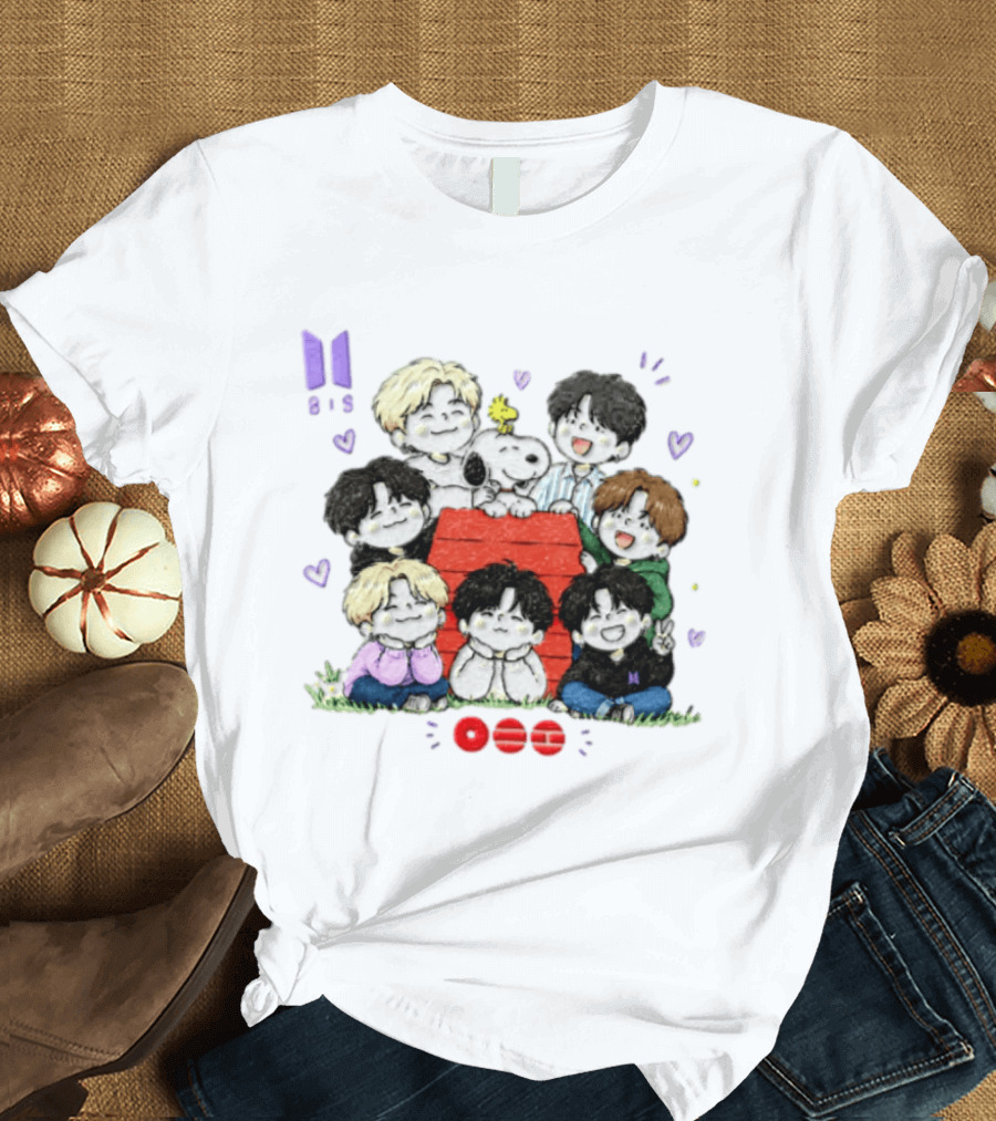 Snoopy Woodstock Peanuts BTS Members Cartoon Illustration Collaboration T-Shirt