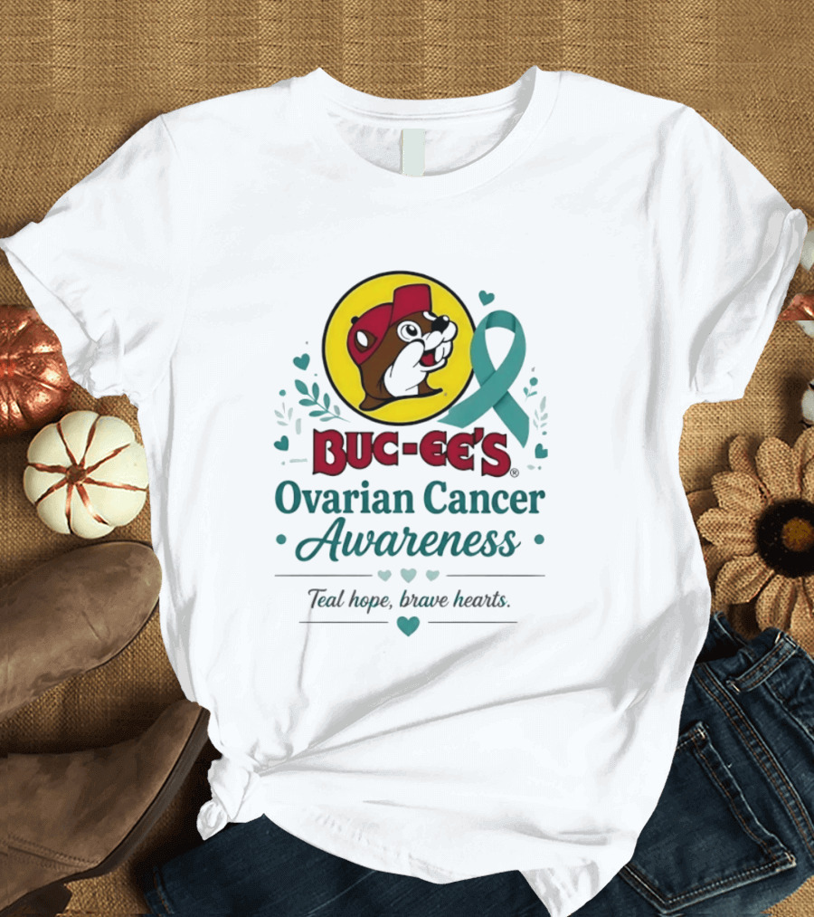 Buc Ee's Ovarian Cancer Awareness Teal Hope Brave Hearts T-Shirt