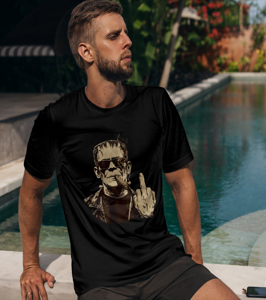 Frankenstein Cigar Middle Finger Smoking Horror Halloween T-Shirt