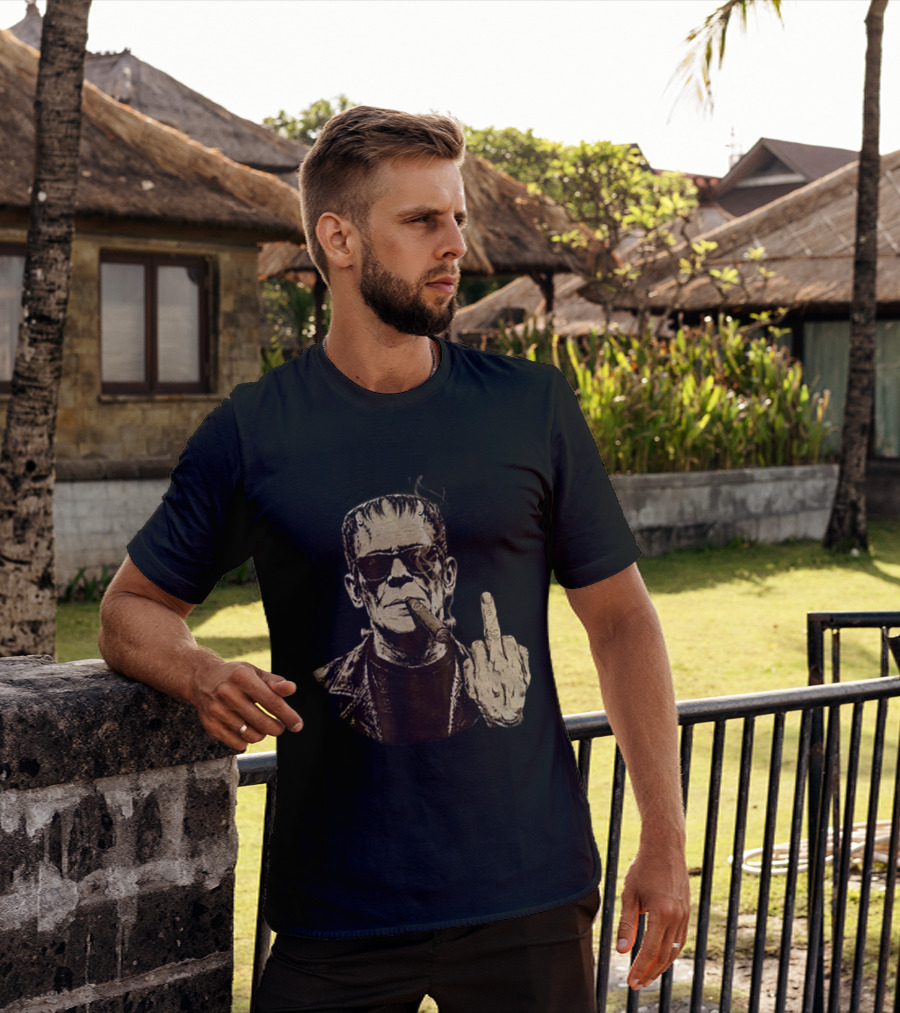 Frankenstein Cigar Middle Finger Smoking Horror Halloween T-Shirt