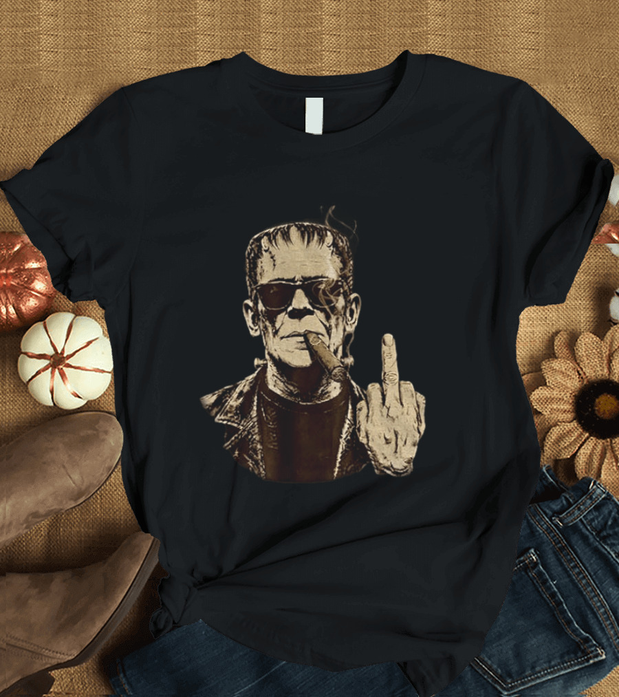 Frankenstein Cigar Middle Finger Smoking Horror Halloween T-Shirt