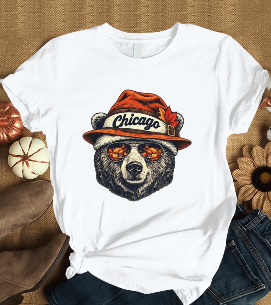 Chicago Bear Sunglasses With Thanksgiving Turkey Reflection Hat T-Shirt