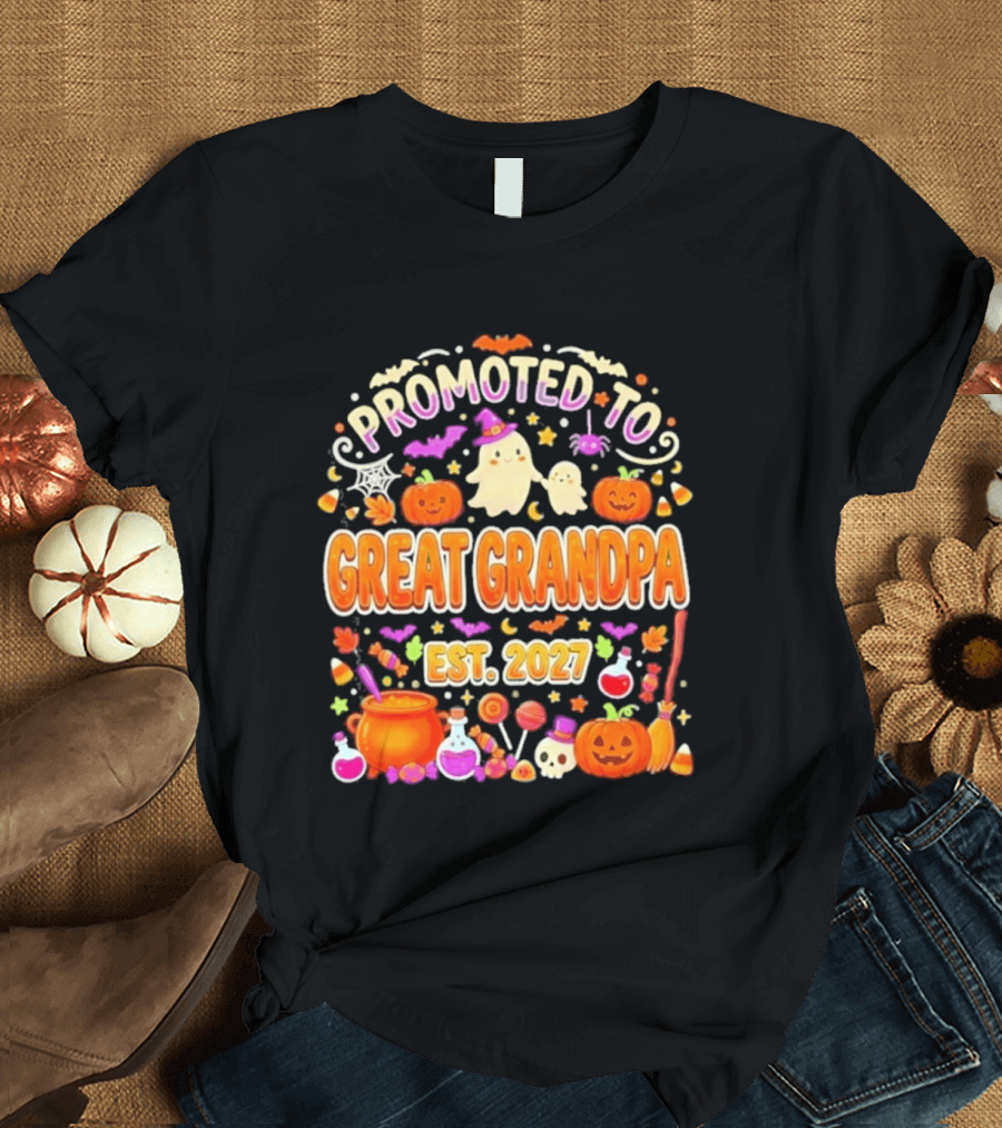 Promoted To Great Grandpa Halloween Pumpkin Est 2027 Ghosts Bats Cauldron T-Shirt