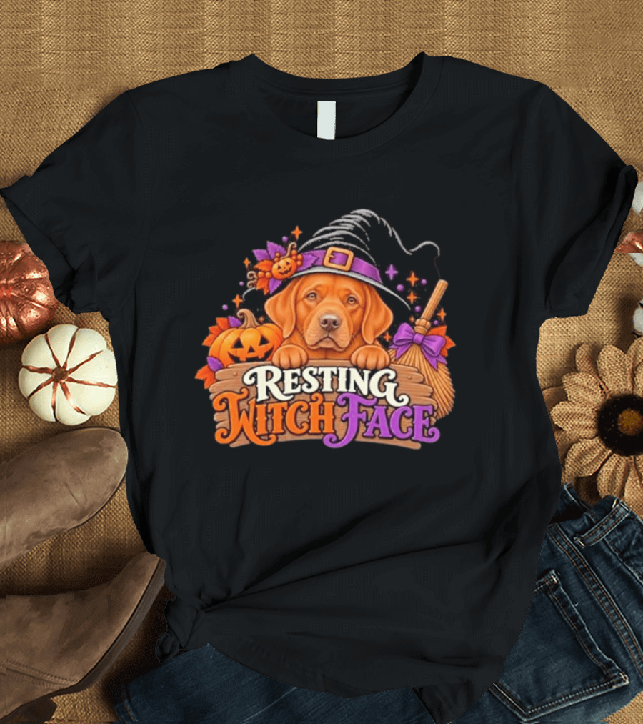 Resting Witch Face Dog Witch Hat Pumpkin Broom Halloween T-Shirt