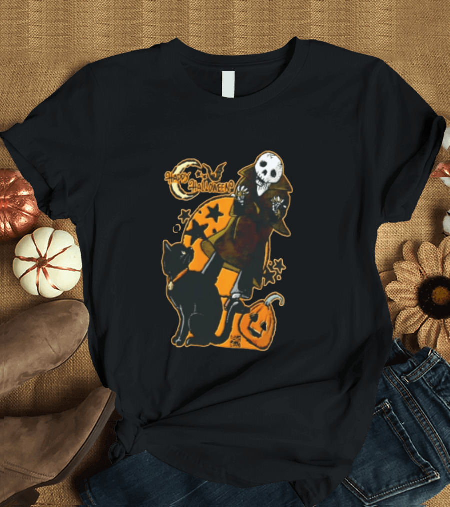 Happy Halloween Skeleton With Black Cat And Pumpkin T-Shirt