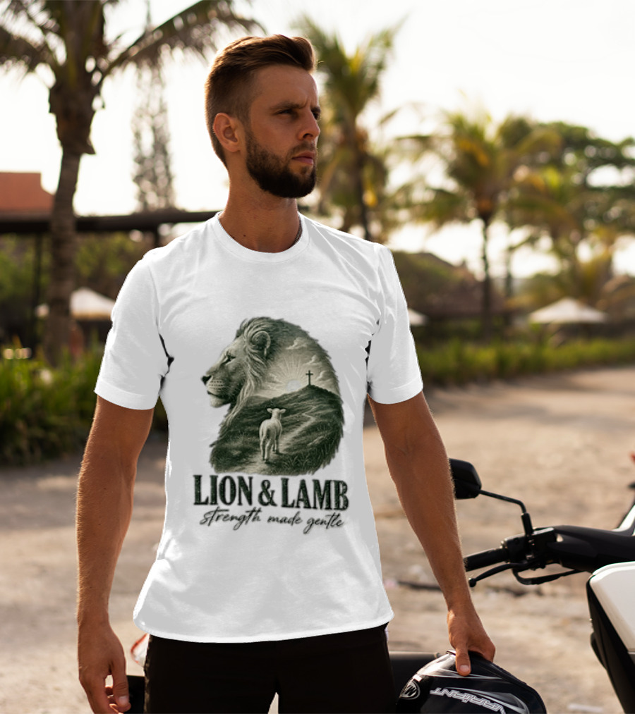 Lion And Lamb Strength Made Gentle Jesus Christ Cross Calvary Christian Faith T-Shirt