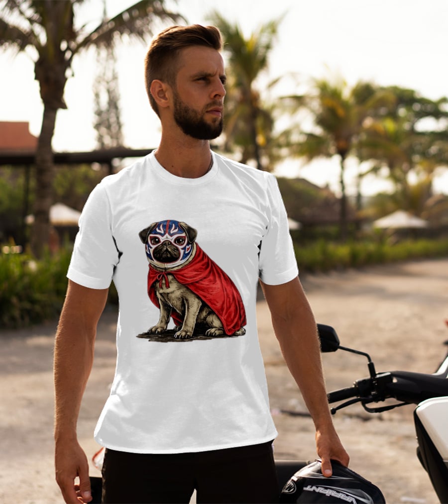 Lucha Libre Pug Red Cape Mexican Wrestling Dog Mask T-Shirt