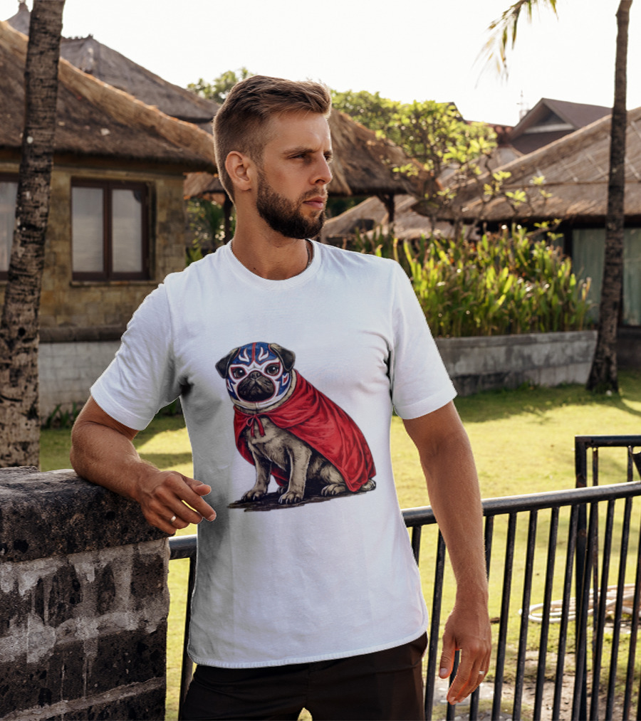 Lucha Libre Pug Red Cape Mexican Wrestling Dog Mask T-Shirt