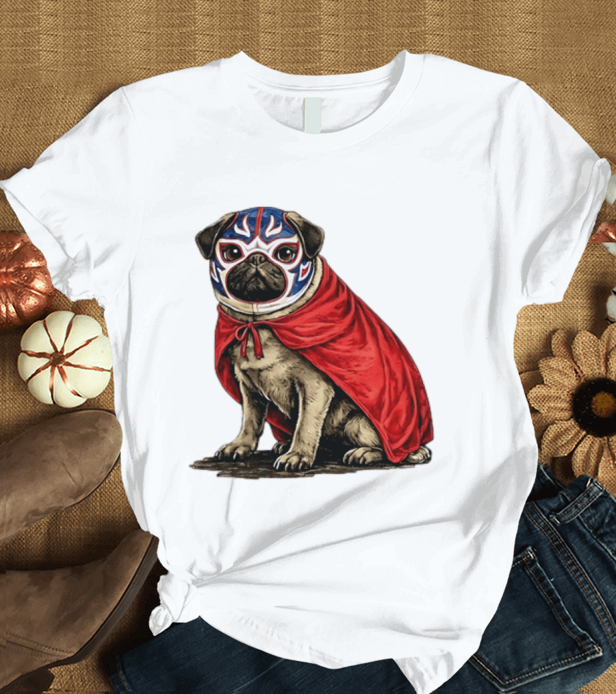 Lucha Libre Pug Red Cape Mexican Wrestling Dog Mask T-Shirt
