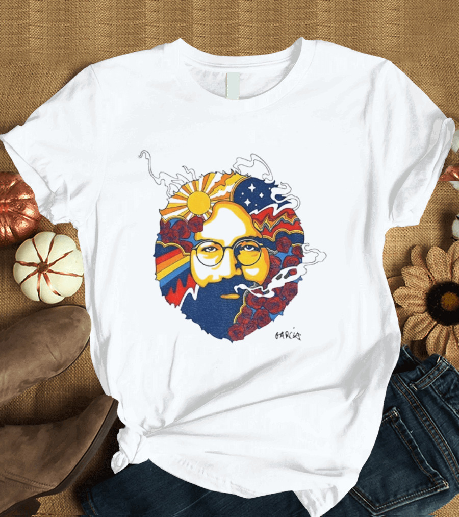 Psychedelic Jerry Garcia Face Sun Waves Stars Roses T-Shirt