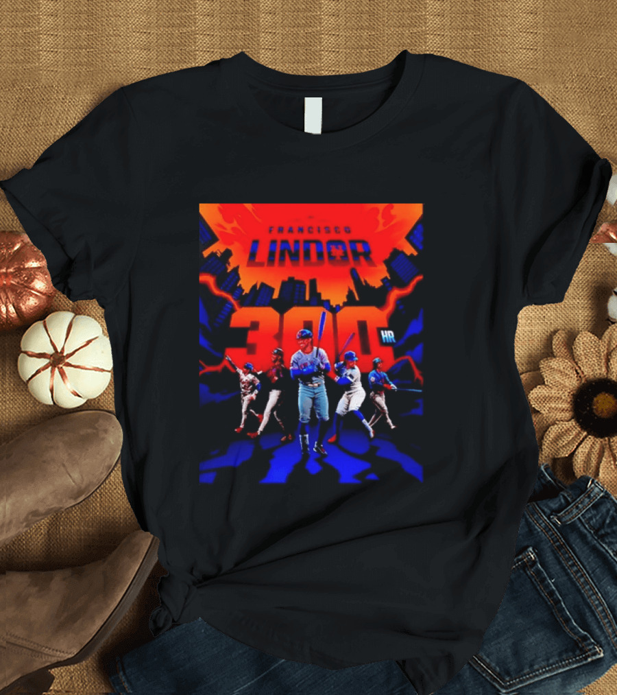 Francisco Lindor New York Mets 300 HR City Skyline Baseball Milestone T-Shirt