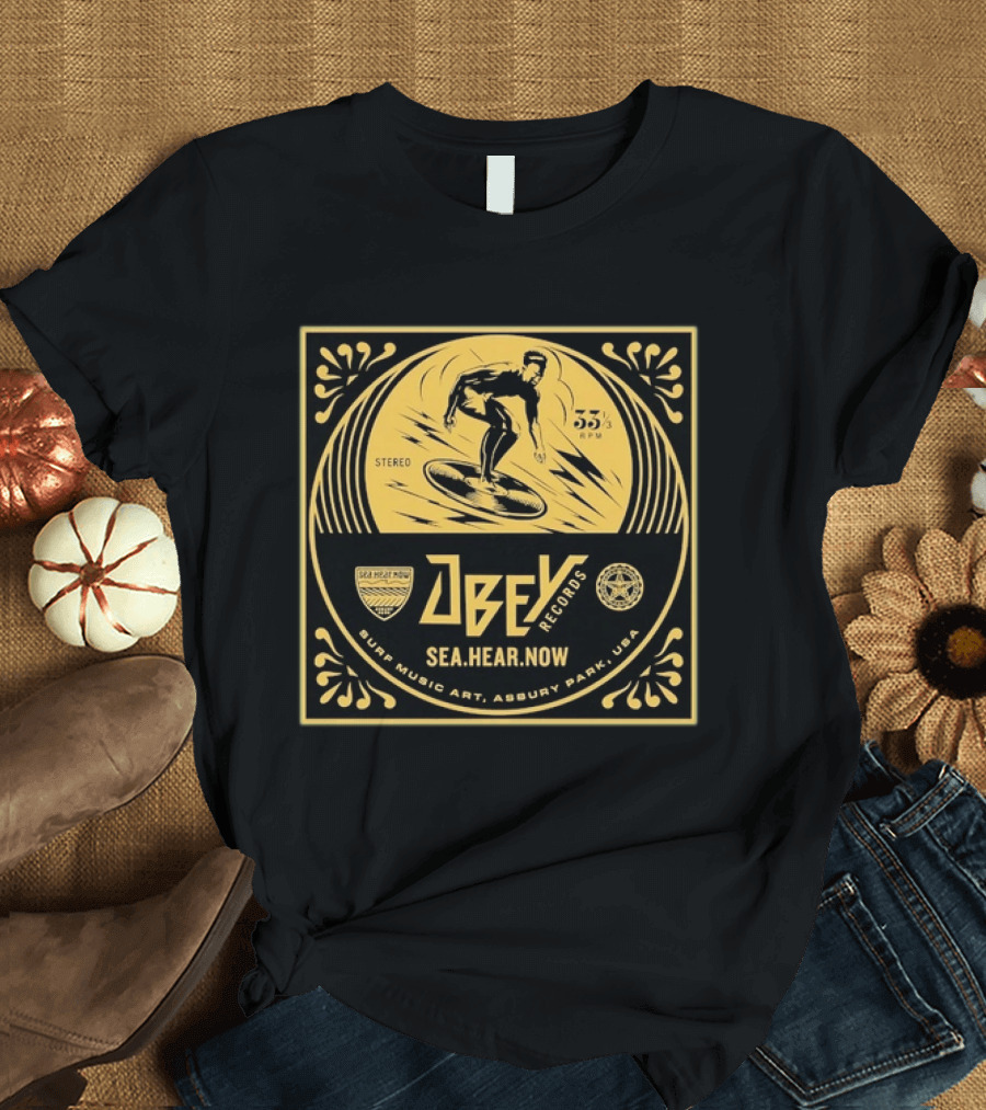 Obey Records SeaHearNow Surf Music Art Asbury Park USA 33 RPM Stereo T-Shirt